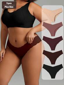 5条装女士高腰蜜瓜色波浪边无缝三角裤，弹性透气内裤 - 彩色 - 查看 3