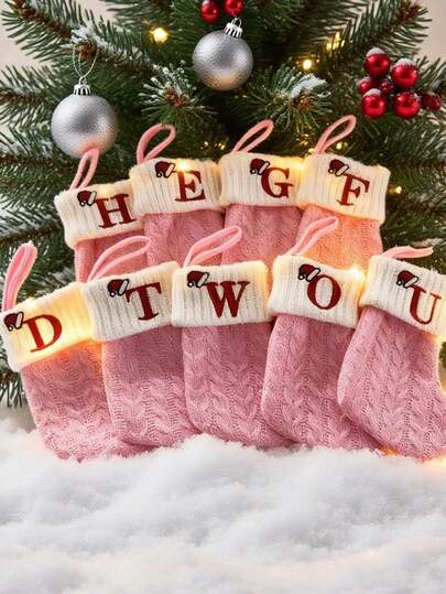 粉色迷你可爱针织字母刺绣圣诞袜个性化首字母圣诞袜家庭节日圣诞派对装饰圣诞装饰品，适用于圣诞派对装饰新年派对礼物礼品用品，个性化首字母圣诞袜，家庭节日圣诞派对装饰