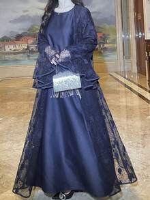 Women's Brown Lace & Satin Two Pieces Muslim Abaya Long Dress With Embellished Details - Blue - View 3