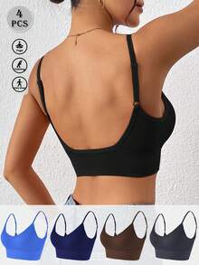 4件装经典罗纹高弹瑜伽文胸，防震无缝健身吊带背心，可调节肩带无背透气运动文胸 - 彩色 - 查看 10