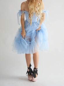 Tulle Prom Dresses Ruffled Trim Tie Back Sleeveless Long Formal Evening Dresses For Women A-Line Open Back Cocktail Ball Gown - 淺藍色 - 查看 2