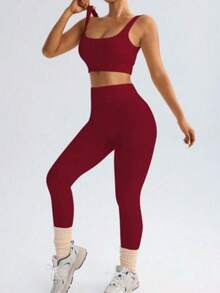 Ribbed Fitness Set - Soft Comfort And Practicality. - Màu Đỏ Sâu - Xem 4