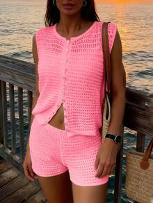 Conjunto de 2 piezas de mujer de verano con top corto sin mangas con hebilla, casual, hueco, punto y minifalda, con suéter sin mangas con botones abiertos, conjunto informal para vacaciones, primavera, verano y otoño - Rosa - Ver 1