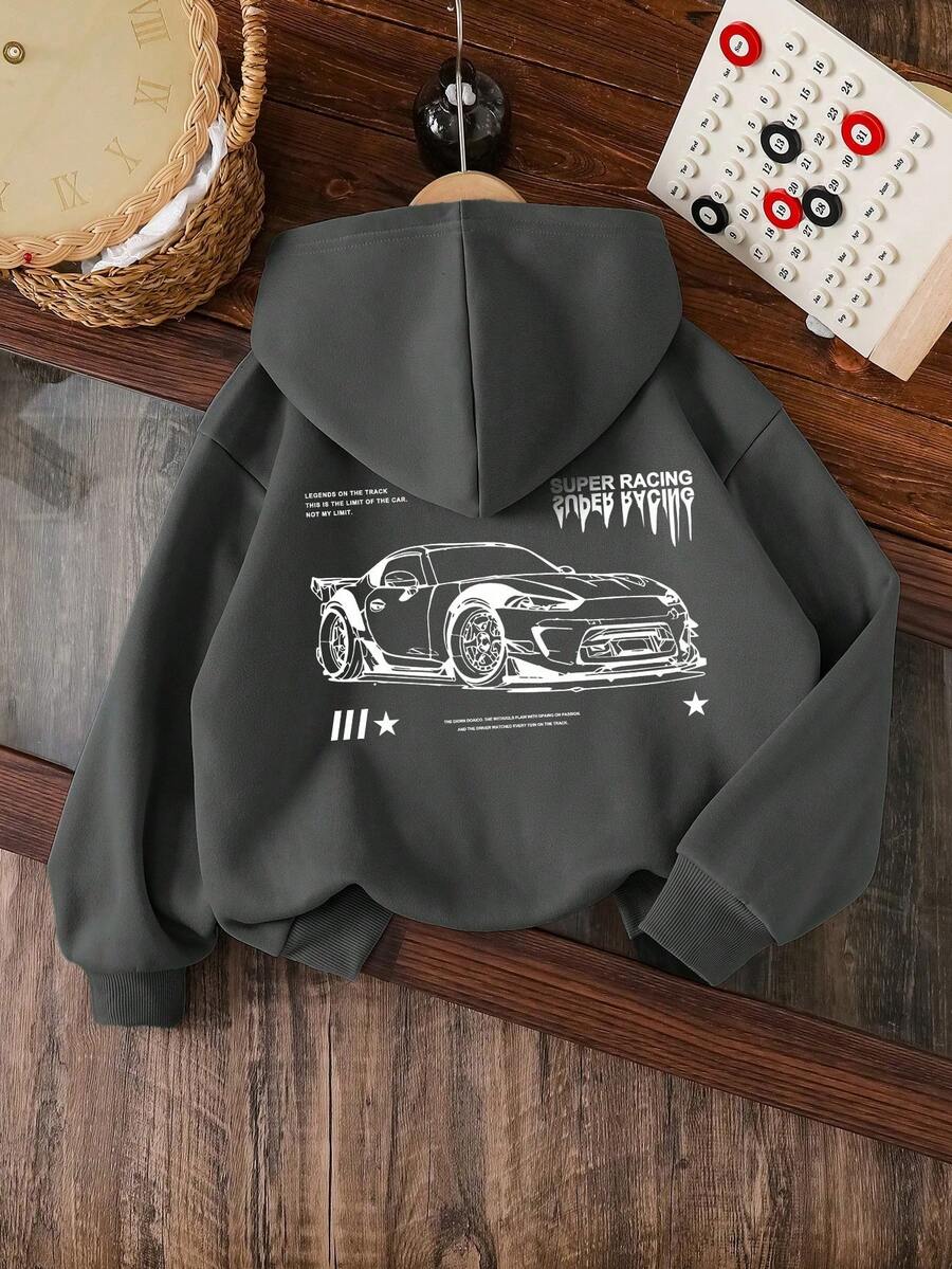 Young Boy Cartoon Pattern Warm Sweatshirt - Dark Grey - View 1