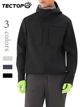 TECTOP Chaqueta softshell con forro térmico para hombre, para otoño/invierno, de tela elástica, con capucha, bolsillos con cremallera, para senderismo y camping al aire libre