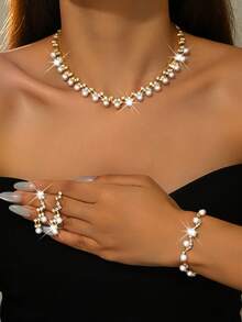 1 套时尚简约婚礼珠宝仿珍珠和钻石项链、耳环、手链适合女士婚礼派对