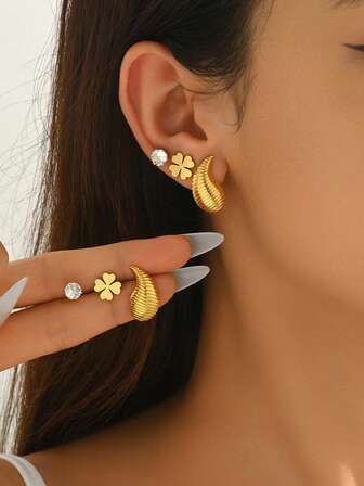 1 Set/6pcs Stainless Steel Water-Drop Shaped Earrings, Minimalist 18K Gold Plated Clover Stud Earrings Cubic Stud Earrings, Elegant Fashion Style Waterproof Earrings, Suitable For Women Daily Wear