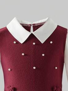 2pcs/Set Girls Elegant Lady Style 2 In 1 Beaded Sweatshirt & Burgundy Flared Casual Pants Set, Spring/Autumn - Burgundy - View 2