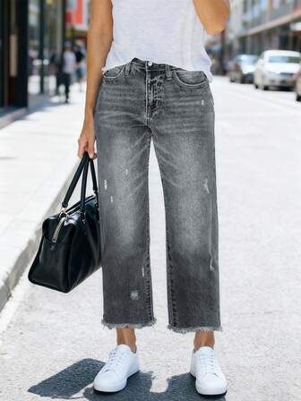 Comfortable Loose Fit Stretchy Distressed Washed Blue Frayed Hem Straight Leg Jeans For Women, Street Style
