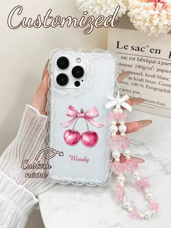 Customized Bow Knot Cherry Name Braided Transparent Painted Minimalist Anti-Drop Thick Phone Protective Case With Printed Wrist Strap, Compatible With IPhone 17/17Pro/17ProMax/17Air, 16/16Pro Max, XR/7/8, 15ProMax, 12ProMax, 13ProMax, 14ProMax, 13, 14, 11, 12P, 14P, 11P, 12P, XS, XR, 7/8P, 7/8GES2, 11Pro, 12Pro, 13Pro, 14Pro, 15Pro, 16Pro