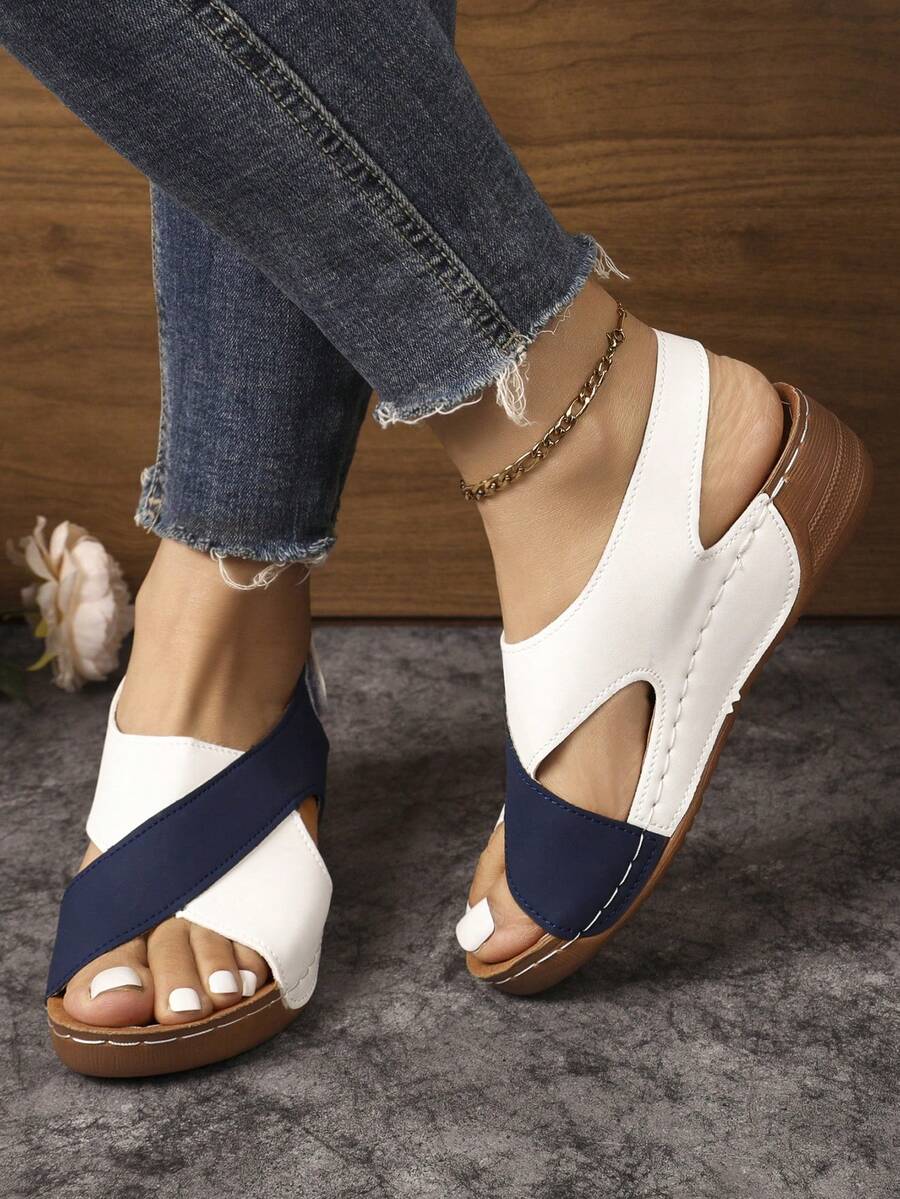 Giày sandal hở mũi đế dày cho nữ, giày đi biển thoải mái, thường ngày - xanh và trắng - Xem 1