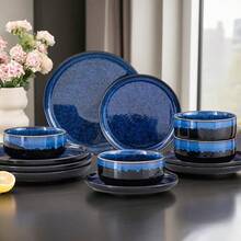 12pcs Navy Reactive Glaze Dinnerware Set For 4 - Elegant Glossy Stoneware Plates, Bowls & Dessert Plates With Rounded Edges, Dishwasher , Scratch-Resistant - Thanksgiving & Everyday Dinnerware, Classic Modern Design In Deep Hues (Ideal For Forma - Xanh lá cây-12 chiếc - Xem 1