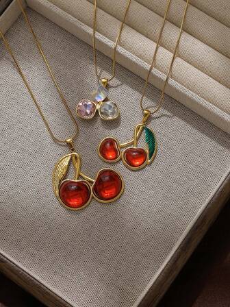 1pc Fashionable Stainless Steel 18K Gold Plated Geometric Zirconia/Cherry Pendant, Suitable For Women's Daily, Party, Holiday, Travel, Gift