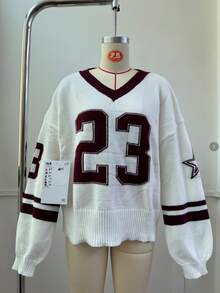 Damski top sportowy w blokach kolorów, sweter z długim rękawem i dekoltem w serek, paski w blokach kolorów, żakard ze wzorem liczbowym, do uprawiania sportu i aktywności na świeżym powietrzu, sweter damski, na siłownię i do biegania.