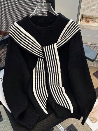 Women's Solid Color Long Sleeve Crew Neck Sweater, Fashion Casual Navy Style Striped Color Block Scarf Decor Loose Knit Top For Autumn/Winter