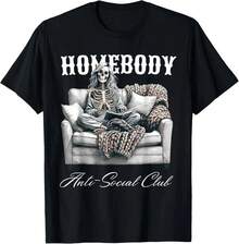 100% Cotton Vintage Retro Homebody Anti Social Club Funny Skeleton T-Shirt Women's Men's Graphic Tee Crew Neck Classic Fashion Summer Vacation Tops - Black - View 1