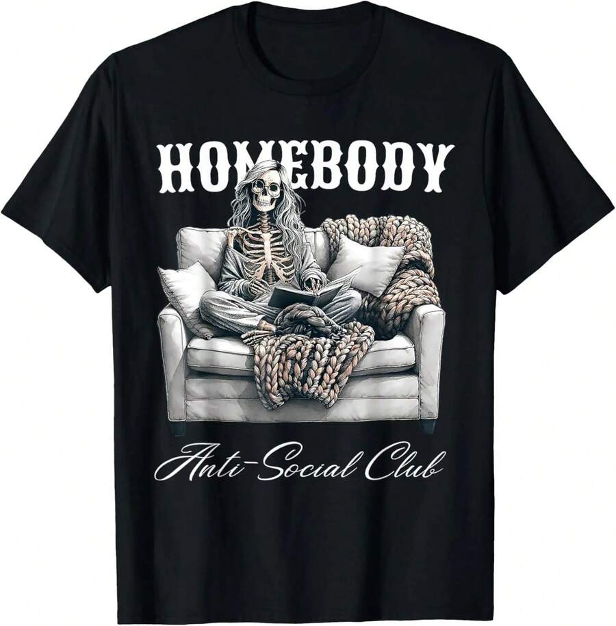 100% Cotton Vintage Retro Homebody Anti Social Club Funny Skeleton T-Shirt Women's Men's Graphic Tee Crew Neck Classic Fashion Summer Vacation Tops - Black - View 1