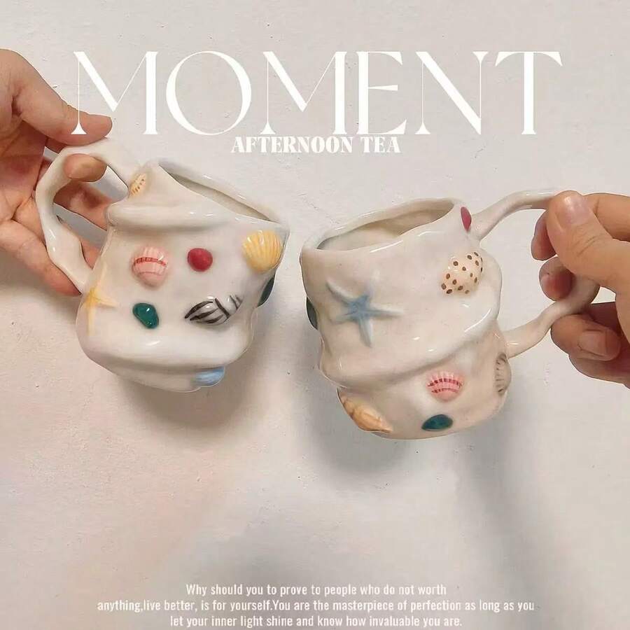 Handmade Ceramic Mug With 3D Shell Design - Ocean-Themed Underglaze Coffee Cup, Reusable & Hand Wash Only, Perfect For Tea, Coffee, Or Creative Gifts, Ideal For Christmas & Halloween, Coffee Bar Accessories - Multicolor - View 1