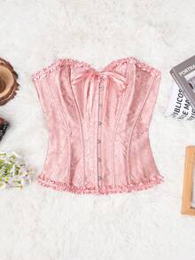 Apperloth A Áo corset gợi cảm, màu hồng không dây, họa tiết jacquard ngọt ngào, điểm nhấn là nơ xếp nếp phối màu tương phản, không móc cài, hở lưng, không gọng, kiểu áo định hình dáng người kèm quần lọt khe, thích hợp cho trang phục Halloween và mặc ngoài. - Hoa hồng đỏ - Xem 8