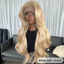 13x6 Kanekalon Futura 蕾丝前假发，22 英寸长波浪高光泽合成假发，带刘海，无需胶水，Kanekalon 耐热合成假发，自由分缝，150% 密度，适合初学者佩戴的透明蕾丝假发，适合日常、派对、节日等场合。 - 金色 - 查看 4