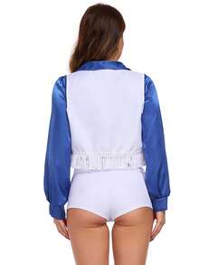 三件套女士性感啦啦队服套装，包括星形印花上衣、裙子和短裤，适用于足球队表演、角色扮演。 - 白色 - 查看 4