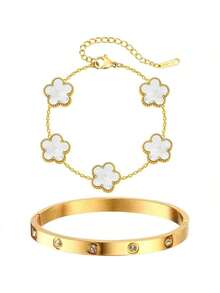 2件套女士可叠戴金手镯首饰套装，14K镀金花卉图案，镶嵌防褪色立方氧化锆，奢华礼品 - 五葉草套裝 - 查看 2