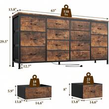 Cómoda de 63 pulgadas con 14 cajones tapizados, cómoda ancha con soporte para TV y puertos USB integrados, unidad de almacenamiento multifuncional para televisores de hasta 75 pulgadas - Marrón - Ver 2