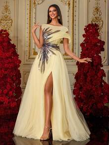 Nuevo vestido de noche formal bordado con perlas, elegante de alta gama - Amarillo - Ver 6