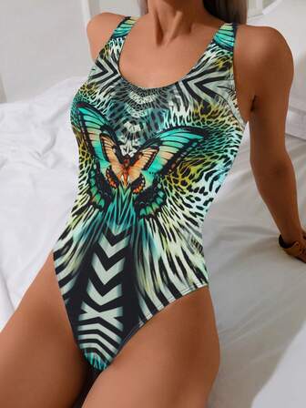 Women's Boho Scoop Neck Backless Short One-Piece Swimsuit In Knitted Medium Stretch Fabric With Butterfly Print