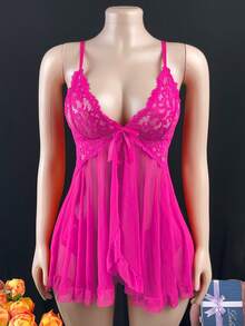 weiweihu Large Size Deep V Thin Shoulder Strap High Slit Lotus Leaf Lace Lace Nightdress/Large Size Lace Mesh Bow Nightdress Sexy Backless V-Neck With Lace-Up Details All-Season Women's Pajamas,Plus Size Lingerie,Lingerie Plus Size,Curve Lingerie Plus Size,Christmas Lingerie Plus Size,Lingerie For Women,Lingerie For Women Roleplay,Plus Size Pajama Sets - 玫紅色 - 查看 9