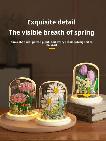 花朵积木套装 DIY 莲花，适合母亲节礼物，发光永恒花朵和植物组装系列装饰拼图玩具，适合儿童新年生日礼物房间装饰冬季礼物