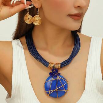 Handmade Exaggerated Multi-Layer Aluminum Wire, Artificial Crystal, Wax Line, Resin Woven, EU/US Bohemian Vintage Glamorous Necklace & Earrings Set, Suitable For Formal Events, Parties, Holidays, Casual Wear