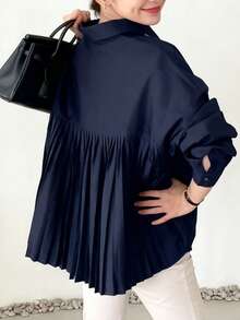 Áo sơ mi dài tay xếp ly dáng rộng thanh lịch ARDOR Holiday, kiểu dáng thoải mái thường ngày, áo sơ mi cổ xếp ly mùa xuân/hè, mẫu mới mùa xuân/hè 2025. - Màu xanh hải quân - Xem 6