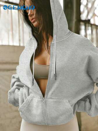 Solid Pocket Zip Up Thermal Lined Hoodie,Long Sleeve Tops Graduation,Back To School Outfits,Graduation,Teacher Outfits For Women,Back To School