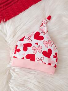 4pcs/Set Baby Girls Valentine's Day Outfit, Includes Cute Letter Print Bodysuit, Heart & Bow Print Pants, Headband & Hat - Pink - View 3