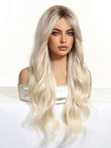 26 Inch Long Wavy Wig For Women, Ombre Dark Brown To Golden Blonde Highlighted Voluminous Wavy Wig With Bangs, Heat Resistant Synthetic Fiber Natural Hairstyle, Suitable For Cosplay, Party, Daily Use, And Photography - Gold - View 5