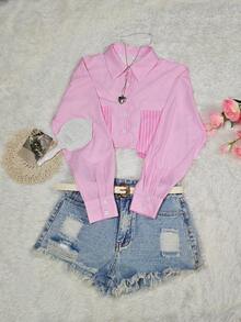 Happy Girl Striped Casual Fashion Blouse, Versatile For Spring/Autumn, Suitable For Vacation, Office, Daily Wear, Travel, Airport, Women Long Sleeve Cropped Shirt - Pink - View 7