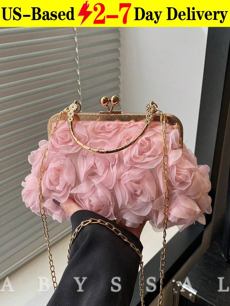 Vintage Elegant 3D Rose Evening Clutch With Chain, Satin Shell Purse For Wedding, Prom, Formal Events, Romantic Floral Embroidery Clutch Bag 2025, New Floral Chain Design Evening Bag, Fashion Clutch Handbag For Ladies, Shoulder/Crossbody Bag, Solid Color Chain Tote Bag [Floral Pattern Placement Random] 3D Rose Clutch Bag - Detachable Chain Shell Purse For Wedding & Party, Vintage Floral Embroidery Evening Bag In Pink, Black, White, Beige  Thanksgiving Accessory  Christmas Market Bag [US Local Warehouse]