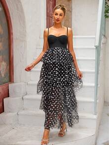 Joyfunear Pregnant Women's Summer Patchwork Polka Dot Mesh Multi-Layer Ruffle Hem Sleeveless Dress