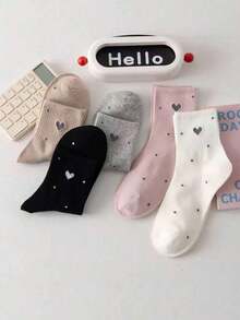 5 Pairs Women's Polka Dot & Heart Crew Socks Mid-Calf Socks, Fashion Versatile Athletic Socks, Suitable For All Seasons - Multicolor - View 5