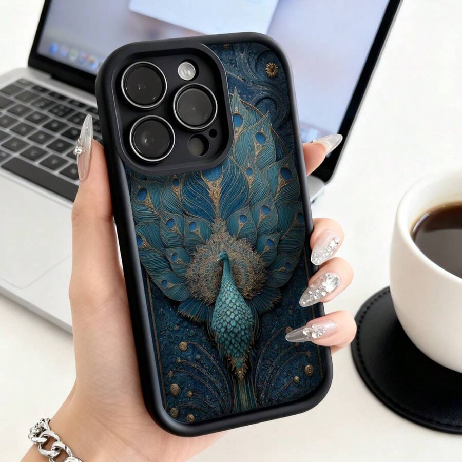 Cubierta de teléfono con diseño de pavo real azul y dorado para  14 Pro Max negro elegante con estampado artístico ideal para uso diario y oficinaCompatible with various  and  models, this is a popular gift for friends or partners, suitable for business occasions. Duradera, resistente a las manchas y a las huellas dactilares, esta nueva funda para teléfono de hombres y mujeres es un gran regalo. - Blanco - Ver 1