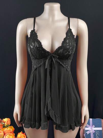 weiweihu Large Size Deep V Thin Shoulder Strap High Slit Lotus Leaf Lace Lace Nightdress/Large Size Lace Mesh Bow Nightdress Sexy Backless V-Neck With Lace-Up Details All-Season Women's Pajamas,Plus Size Lingerie,Lingerie Plus Size,Curve Lingerie Plus Size,Christmas Lingerie Plus Size,Lingerie For Women,Lingerie For Women Roleplay,Plus Size Pajama Sets