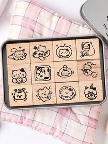 12pcs/Box Creativity Facial Shape Pattern Vintage Wooden Stamps, Better Express People's Feelings, Used For Notebook Scrapbook Decoration, Exquisite Wooden Handicraft - Brown - View 9