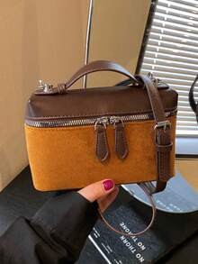 1pc Minimalist & Fashionable Small Square Bag, Faux Suede Retro Style, Suitable For Girls, Women, College Students, Female Office Workers, Great For Work, Business, Commuting, School And Other Occasions - Brown - View 4