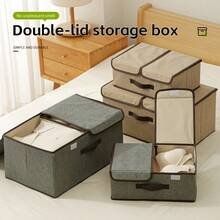 1pc Foldable Linen Fabric Storage Box With Lid, Large Capacity Clothes Organizer - Multicolor - View 2
