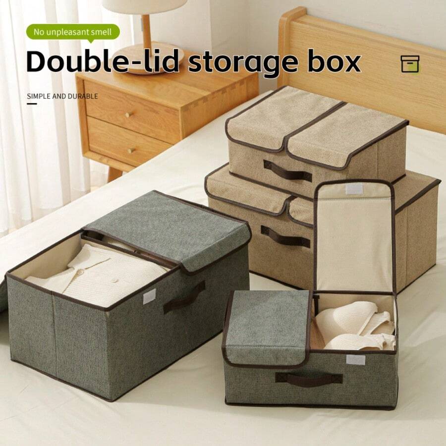 1pc Foldable Linen Fabric Storage Box With Lid, Large Capacity Clothes Organizer