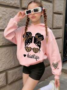 Teen Girl Leopard Print Heart Graphic Sweatshirt, Casual Hooded Long Sleeve Street Style Sweatshirt, Back To School, Daily Casual Fashion - Pink - View 9