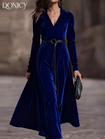 DONICY Women's Solid Color V-Neck Velvet Long Dress With Waist Belt, Fashionable Retro Elegant Luxury Black Maxi Dress, Suitable For Casual, Business, Formal Occasions, Dating, Carnival Party, Guest Attire