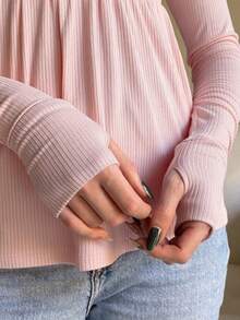 Women Y2k Fall Babydoll Tops Fairy Grunge Casual Solid Color Long Sleeve V Neck Ruffle Hem T Shirts Peplum Tops Pullover Aesthetic Clothes 90s Streetwear - 粉色 - 查看 4