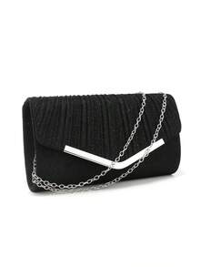 Rhinestone Embellished Women's Evening Clutch Bag, Small Envelope Style Handbag, Satin Shoulder Chain Handbag, Shiny Purple Cocktail Purse - Black - View 7